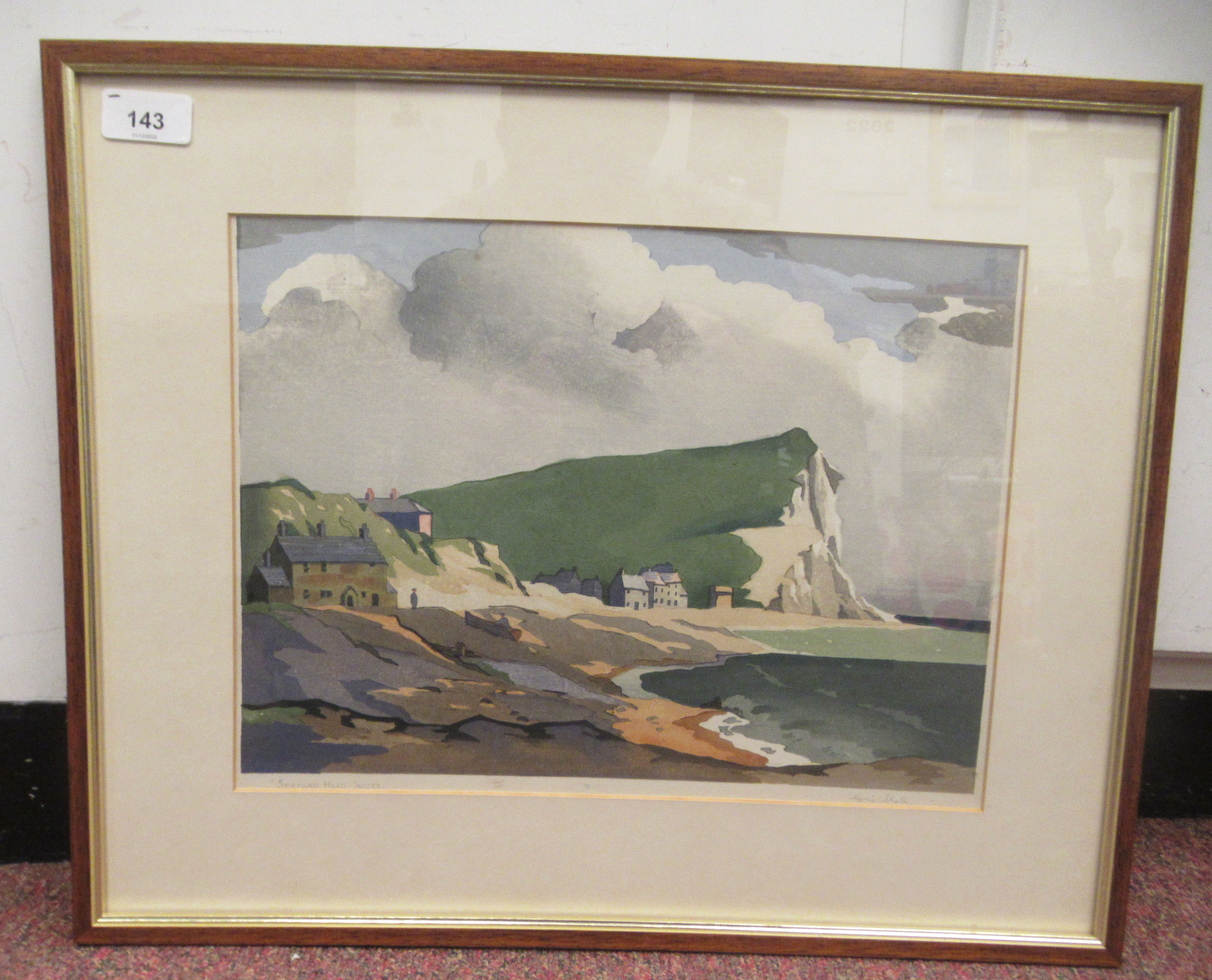 After Eric Slater - 'Seaford Head, Sussex'  coloured woodcut print  bears a pencil inscription &