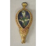 A gilt metal pendant, a facsimile of The Alfred Jewel of tear drop design with engraved ornament, an