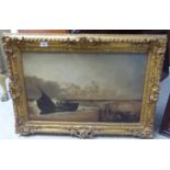 19thC British School - a shoreline scene, unloading a beached sailing vessel  oil on canvas  16.5" x