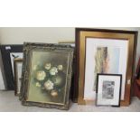 Framed pictures: to include a pair of painted displays of six tiles, featuring peacocks  12" x 18"