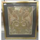 A 19thC silk embroidery featuring a pair of stylised, exotic birds  19" x 16"  framed
