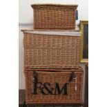 A Fortnum & Mason woven cane hamper  24"w; another, similar  22"w; and a picnic hamper  19"w