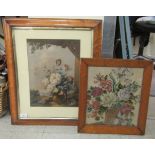 A 19thC floral tapestry  11.5" x 13"  framed; and an early 20thC European landscape with still