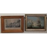 A 19thC depiction of sailing warships at anchor  oil on board  14" x 20"  framed; and 'The Battle of