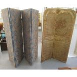 An early 20thC fabric covered and floral decorated, fourfold roomscreen  61"h  80"w open; and a