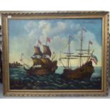 In the manner of Edward Beauchamps - a galleon battle on choppy seas  oil on canvas  bears a