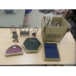 A mixed lot: to include three fan display cases  various sized dolls house furniture and doll stands