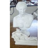 A white painted plaster bust, featuring a classical maiden, on a socle  20"h; and a modern