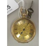 A 14ct gold cased fob watch with bright-cut engraved floral, scrolled and other ornament, faced by