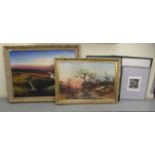 Five framed pictures: to include Brian D Horswell - a landscape at sunset  oil on canvas  bears a