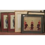 Five various painted examples of British military prints  largest 12" x 15"  framed