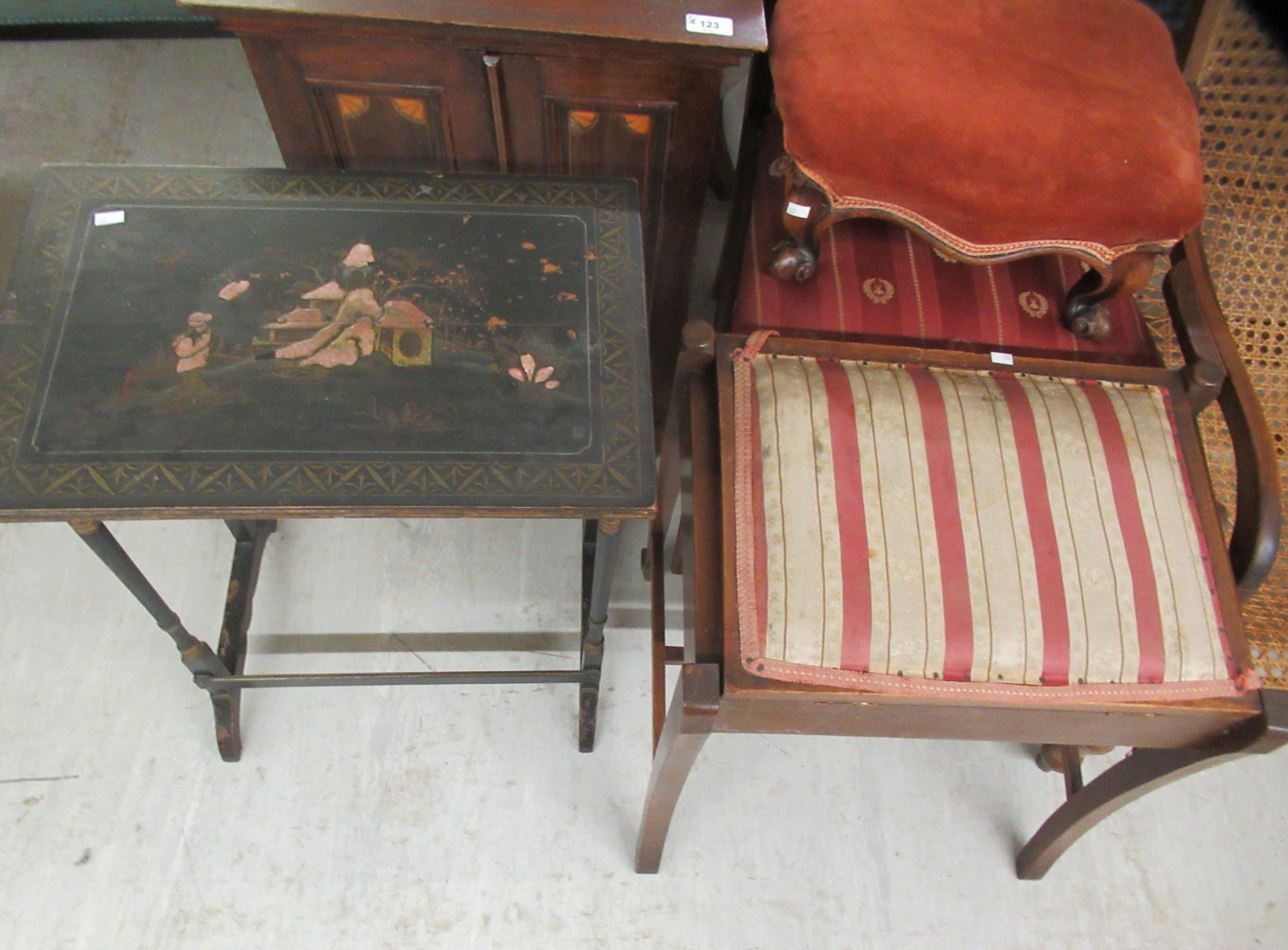 Small furniture: to include an Edwardian mahogany and marquetry inlaid , two door cabinet, on a - Image 2 of 3