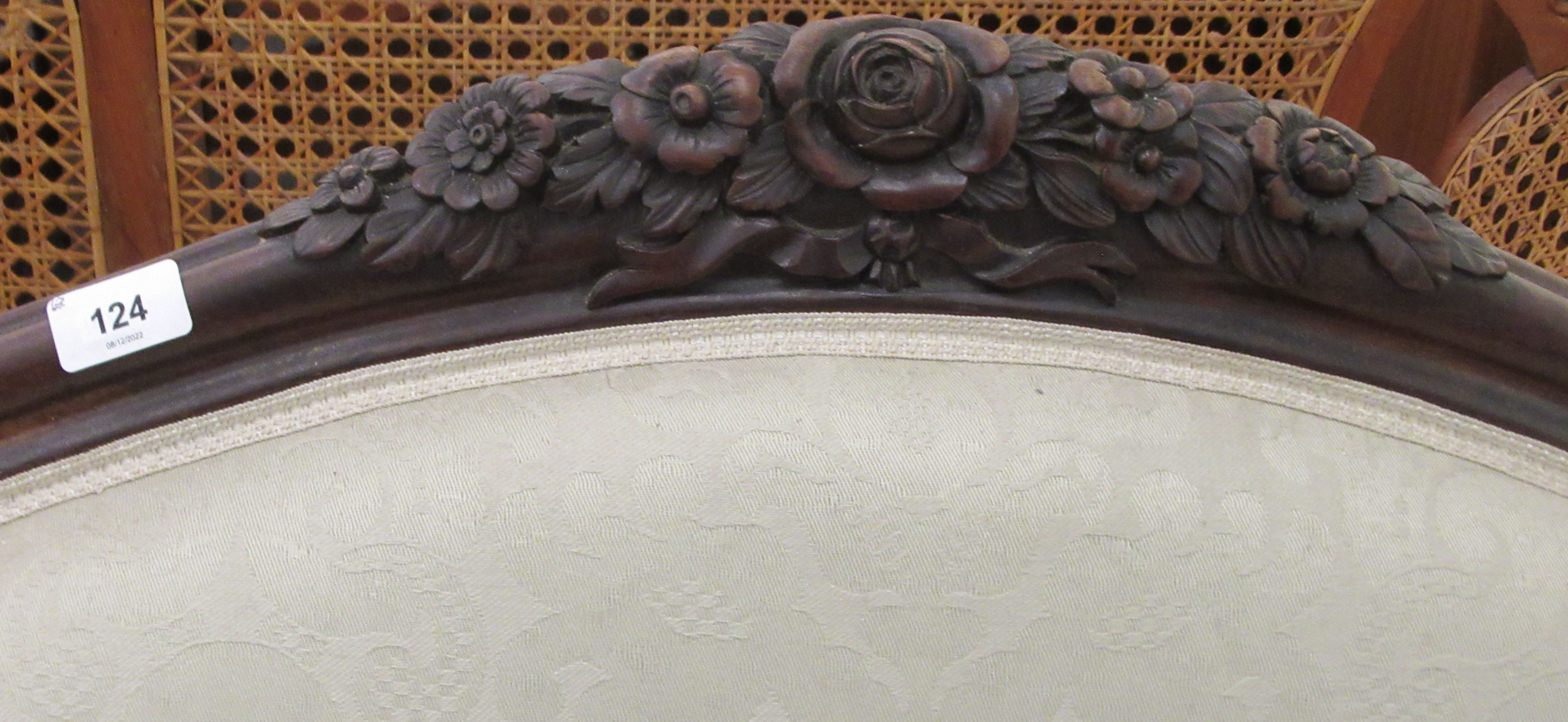 A late Victorian mahogany framed salon settee with a grey fabric upholstered back and seat, raised - Image 2 of 3