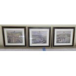 Three framed coloured reproductions of coloured 18thC period engravings  17" x 14"