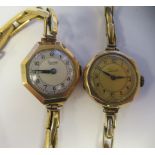 Two ladies early 20thC 9ct gold cased wristwatches, faced by Arabic dials, on expandable straps