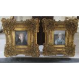 Two portrait miniatures, depicting a man and woman wearing period costume  4" x 3" in ornate frames