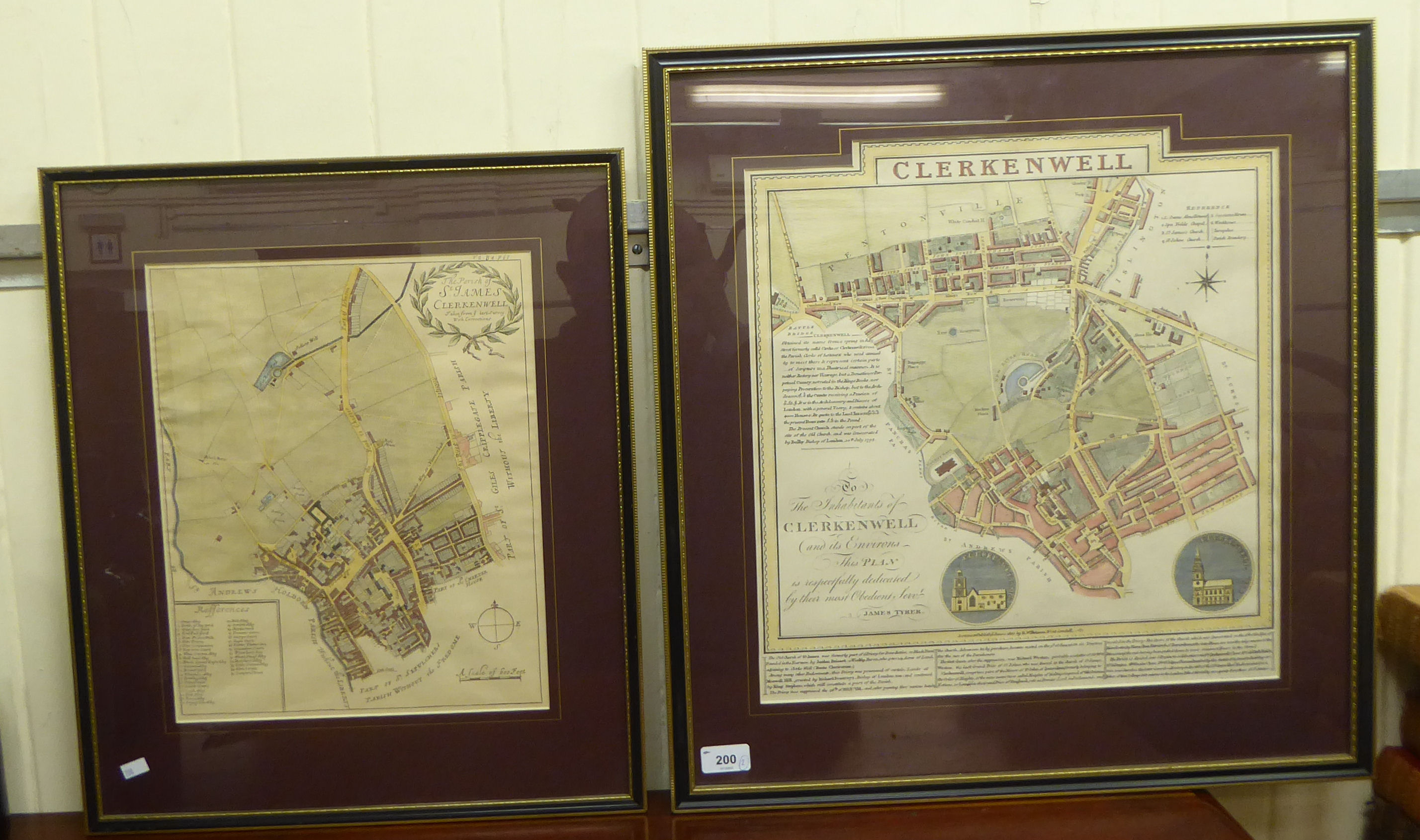 Two 20thC reproduced coloured maps, viz. 'The Parish of St James, Clerkenwell'  11" x 14"; and '