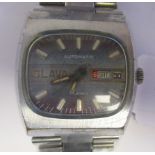 A vintage Slava automatic, stainless steel cased bracelet watch, faced by a blue baton dial with day