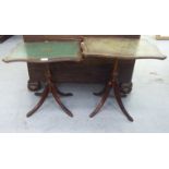 Two similar modern mahogany finished pedestal tables, each top with a green hide scriber, raised