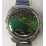 A vintage Orient automatic perpetual, universal stainless steel cased bracelet watch, faced by a