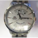 A modern Orient automatic, perpetual, universal calendar, stainless steel bracelet watch, faced by a