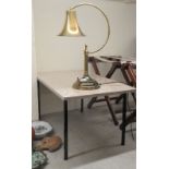 A modern lacquered brass desk lamp with an adjustable bell design shade  22"h; and a contemporary