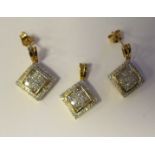 A pair of 18ct gold diamond, square set cluster earrings; and a matching pendant