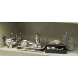 EPNS tableware: to include a four person egg cruet; and three small silver items  mixed marks