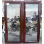 A pair of late 19thC Japanese mountainous river scenes with buildings  paintings on silk  20.5" x