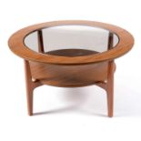 Schreiber: teak veneered and glass circular coffee table.