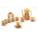 A Clarice Cliff 'Bizarre' range for Newport Pottery "Crocus" pattern coffee set.