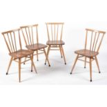 Ercol: set of four elm and beech No. 391 all-purpose Windsor chairs.