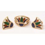 An Egyptian revival gold and enamel ring and matching earrings,