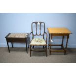 Two occasional tables; and a 20th C piano stool.