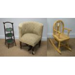 Edwardian three tier cake stand; Victorian corner chair; modern child's rocking chair