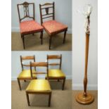 Three 19th Century mahogany dining chairs, two Edwardian salon chairs and a lamp standard