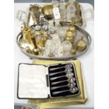 Selection of silver-plated, brass and glassware.