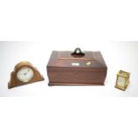 Victorian workbox; and three clocks, various.