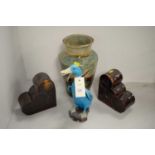 Pair Studio Pottery bookends; vase; figure of a bird.