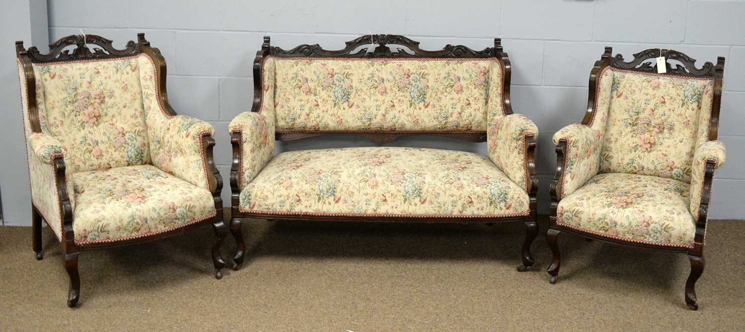 Victorian stained beech three-piece salon suite.