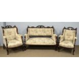 Victorian stained beech three-piece salon suite.