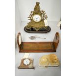 Early 20th Century mantle clock; walnut book slide; silver cased bedside clock; Staffordshire figure