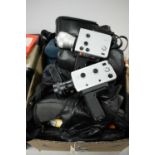 A collection of cameras, camera bags and accessories.