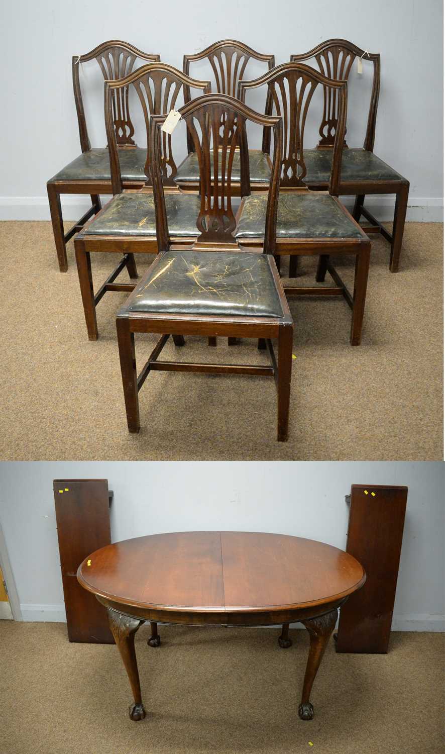 Early 20th C walnut extending dining table, six Georgian style dining chairs