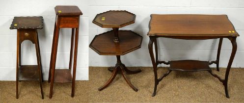 20th C side table; and a 20th C octagonal etagere and two 20th C jardiniere stands.