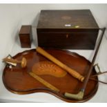 A Victorian mahogany box, mahogany tea tray, wood truncheon and other items
