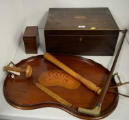 A Victorian mahogany box, mahogany tea tray, wood truncheon and other items