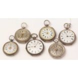 A collection of antique white-metal cased fob watches