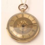 A yellow-metal open-faced fob watch