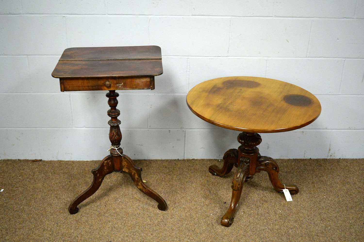 20th C side table; and a Victorian and later tripod table.
